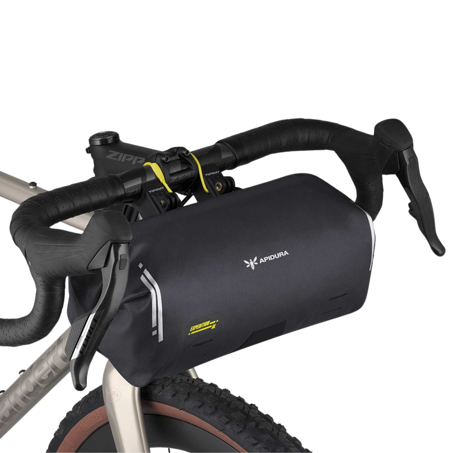 Apidura Expedition Handlebar Pack mounted on a bike front right view
