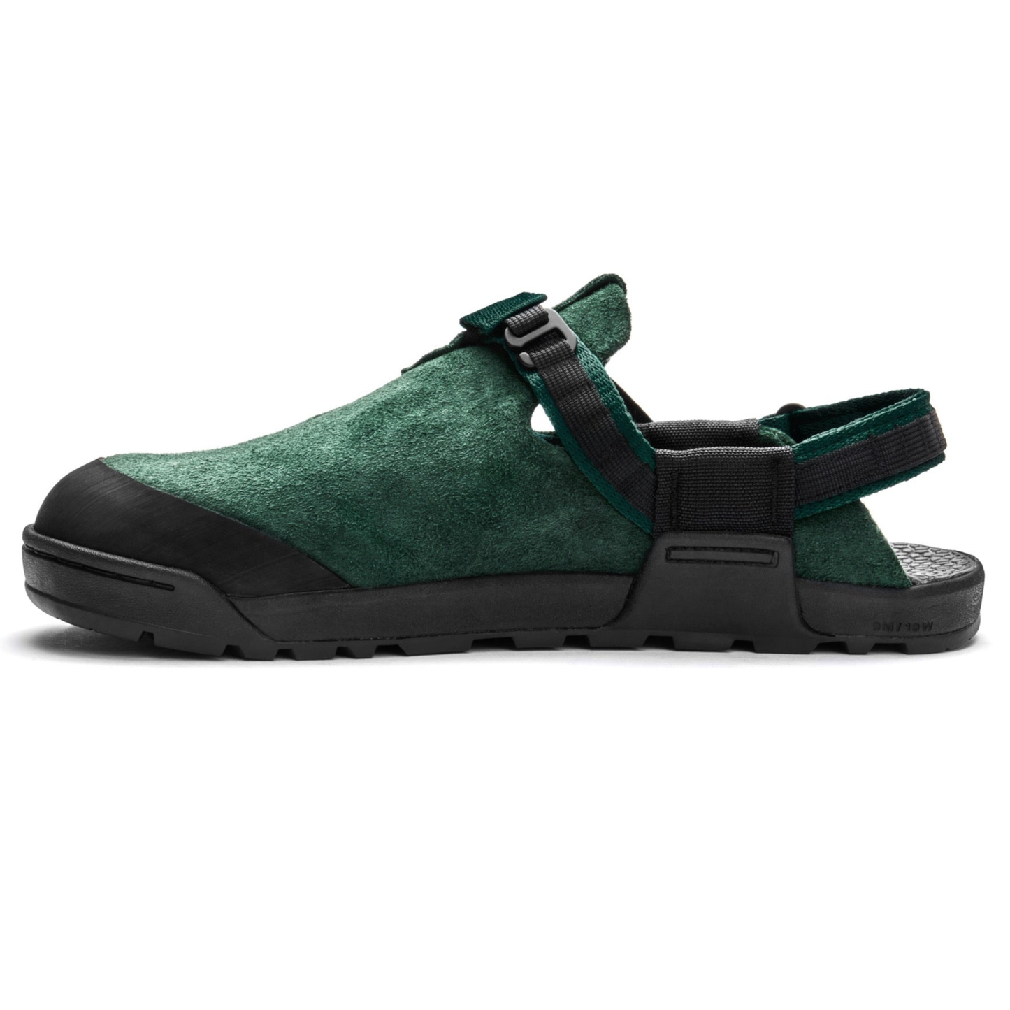 Bedrock Sandals Mountain Clog Leather Suede in Cascade Green colour side profile on white background
