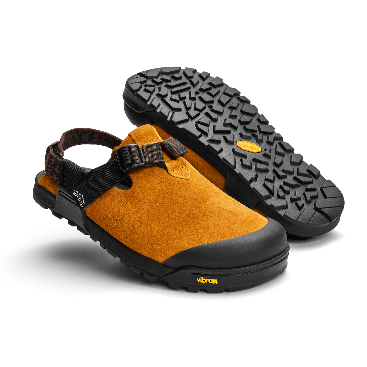 A pair of Bedrock Leather Suede Mountain Clogs in Chanterelle with Vibram Sole available in Toronto, Canada