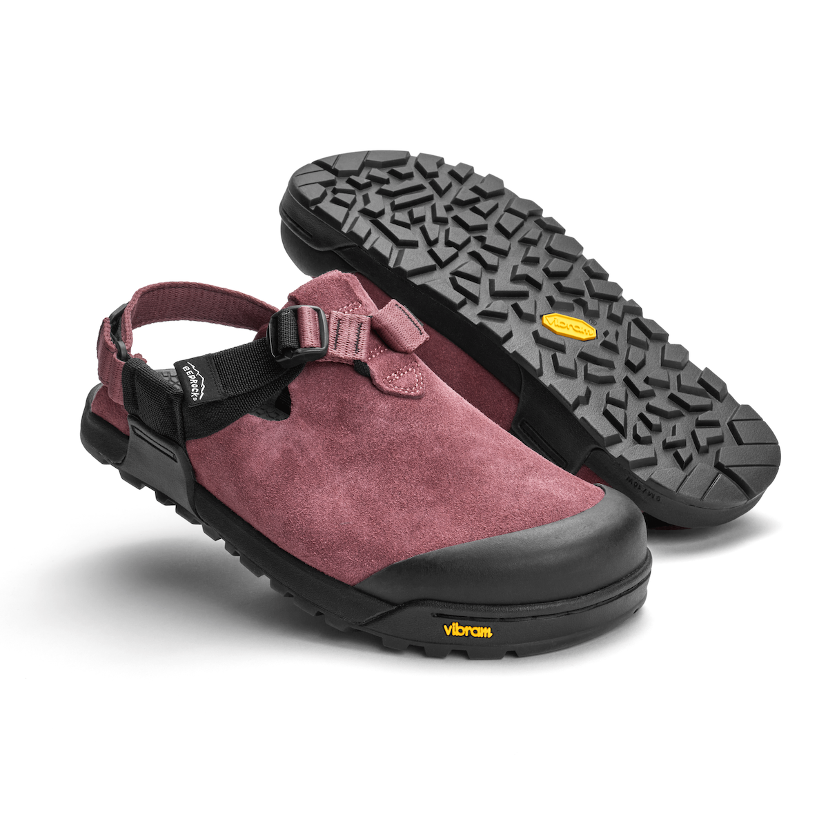 A pair of Bedrock Leather Suede Mountain Clogs in Wild Rose with Vibram Sole available in Toronto, Canada