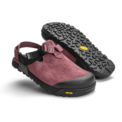 A pair of Bedrock Leather Suede Mountain Clogs in Wild Rose with Vibram Sole available in Toronto, Canada