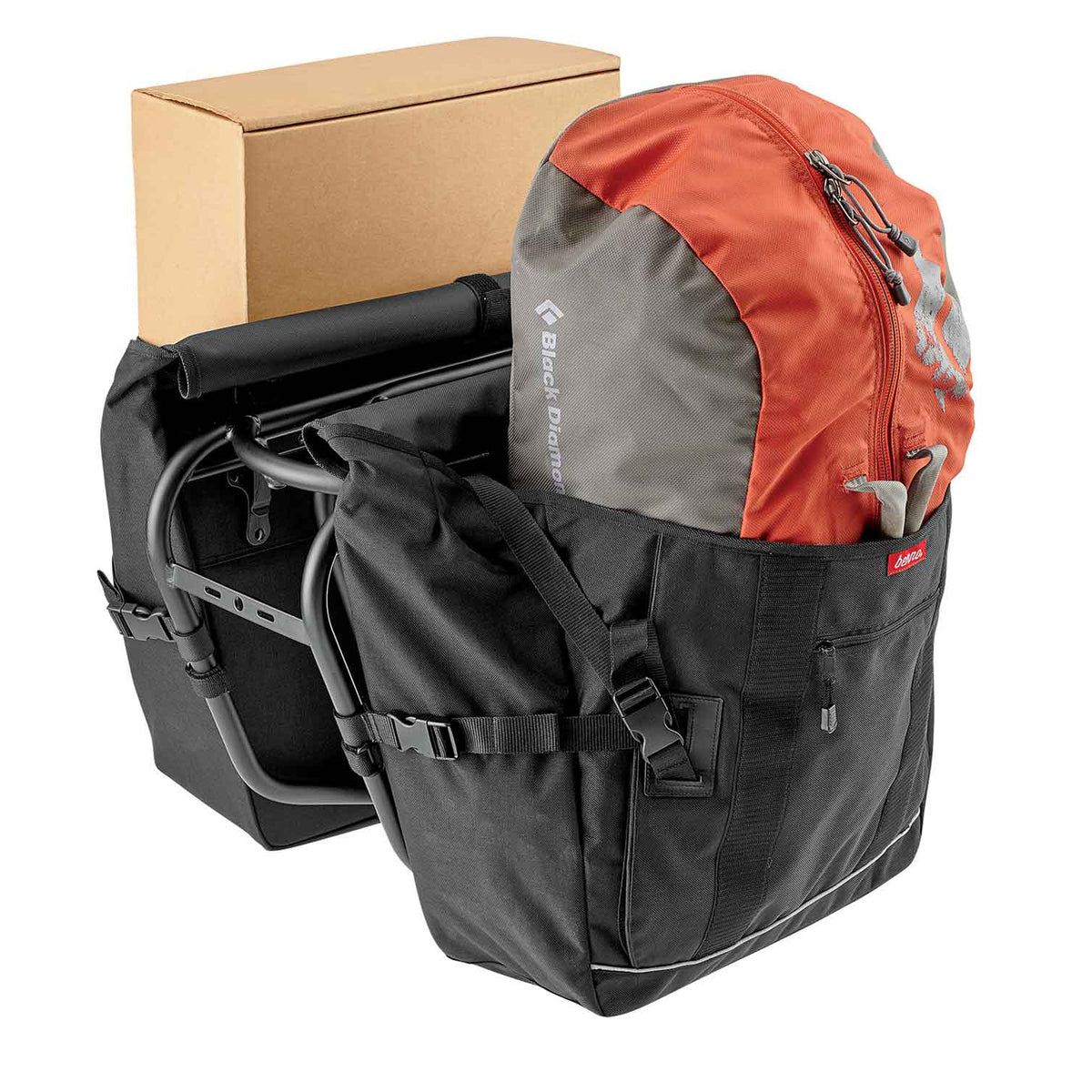 Benno Utility Pannier 30L cargo bag with adjustable straps for carrying boxes, oversized items and other loads on compatible Benno bikes.