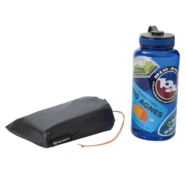 Big Agnes Copper Spur UL2 Bikepack Footprint packed and sitting next to a nalgene bottle 