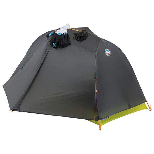 Big Agnes Tiger Wall UL1 Bikepack ultralight one person tent fully assembled with clothing drying on top