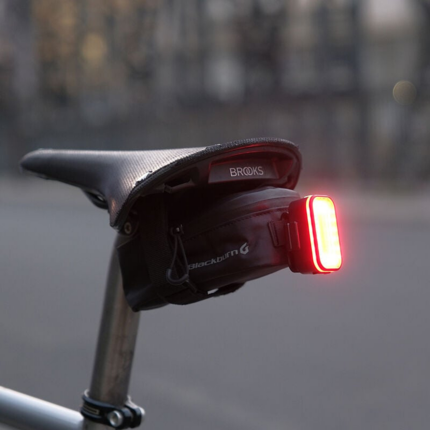 Blackburn Grid 2’Fer light attached to saddle bag via the clip mount built into the light