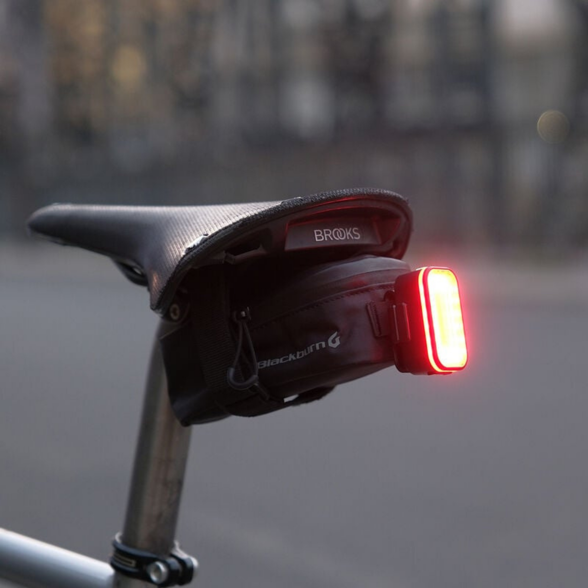 Blackburn Grid 2’Fer light attached to saddle bag via the clip mount built into the light