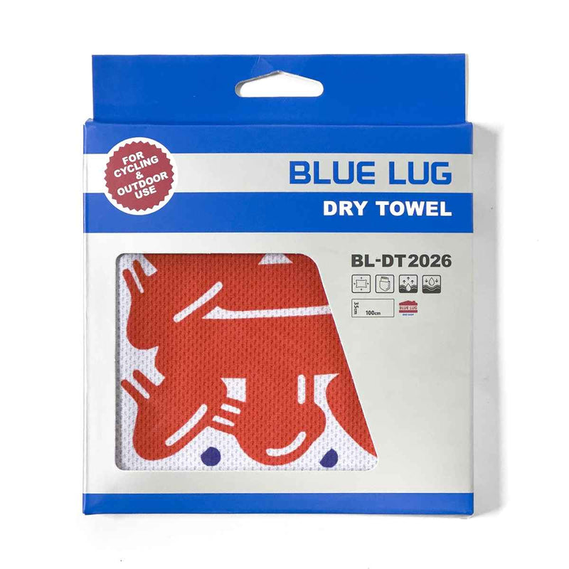 Blue Lug Dry Towel packaging with quick dry, packable towel for swimming, biking, camping and outdoor fun now sold in Toronto, Canada