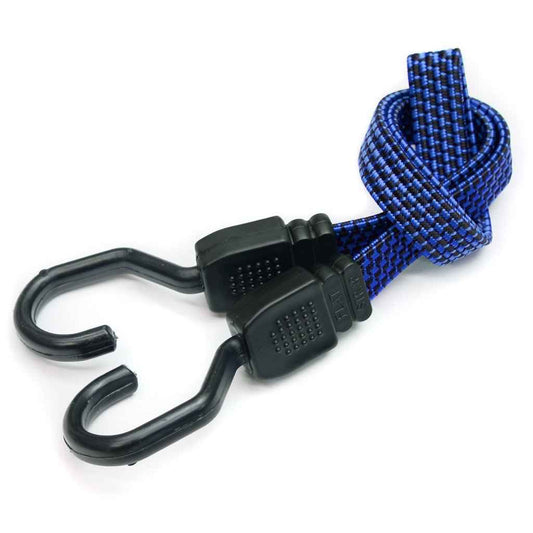 Blue Lug Flat Bungee elastic bicycle cargo strap with steel-structured hooks for securing bags and belongings to bicycle racks and baskets.