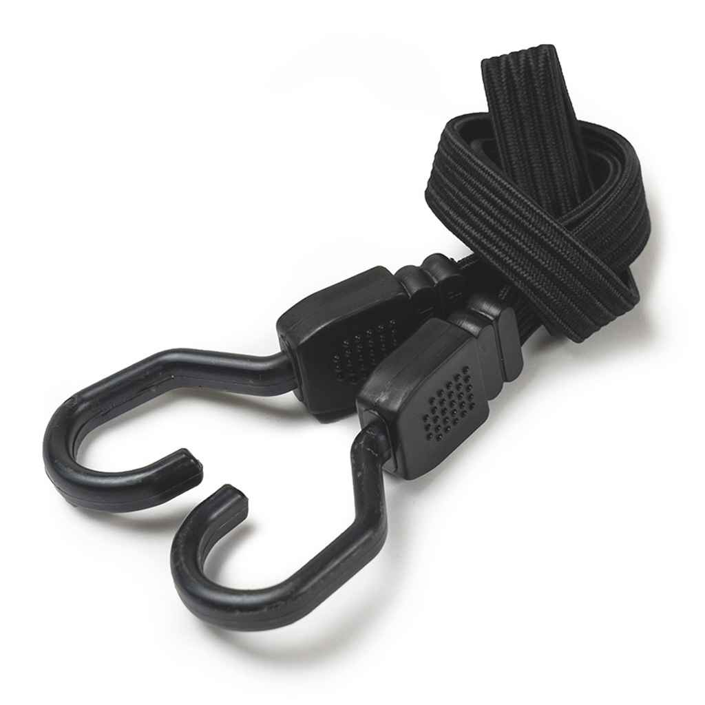 Blue Lug Flat Bungee elastic bicycle cargo strap with steel-structured hooks for securing bags and belongings to bicycle racks and baskets.