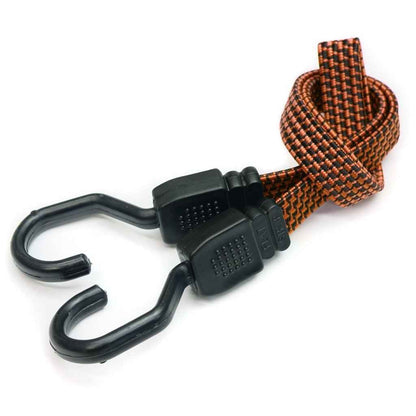 Blue Lug Flat Bungee elastic bicycle cargo strap with steel-structured hooks for securing bags and belongings to bicycle racks and baskets.