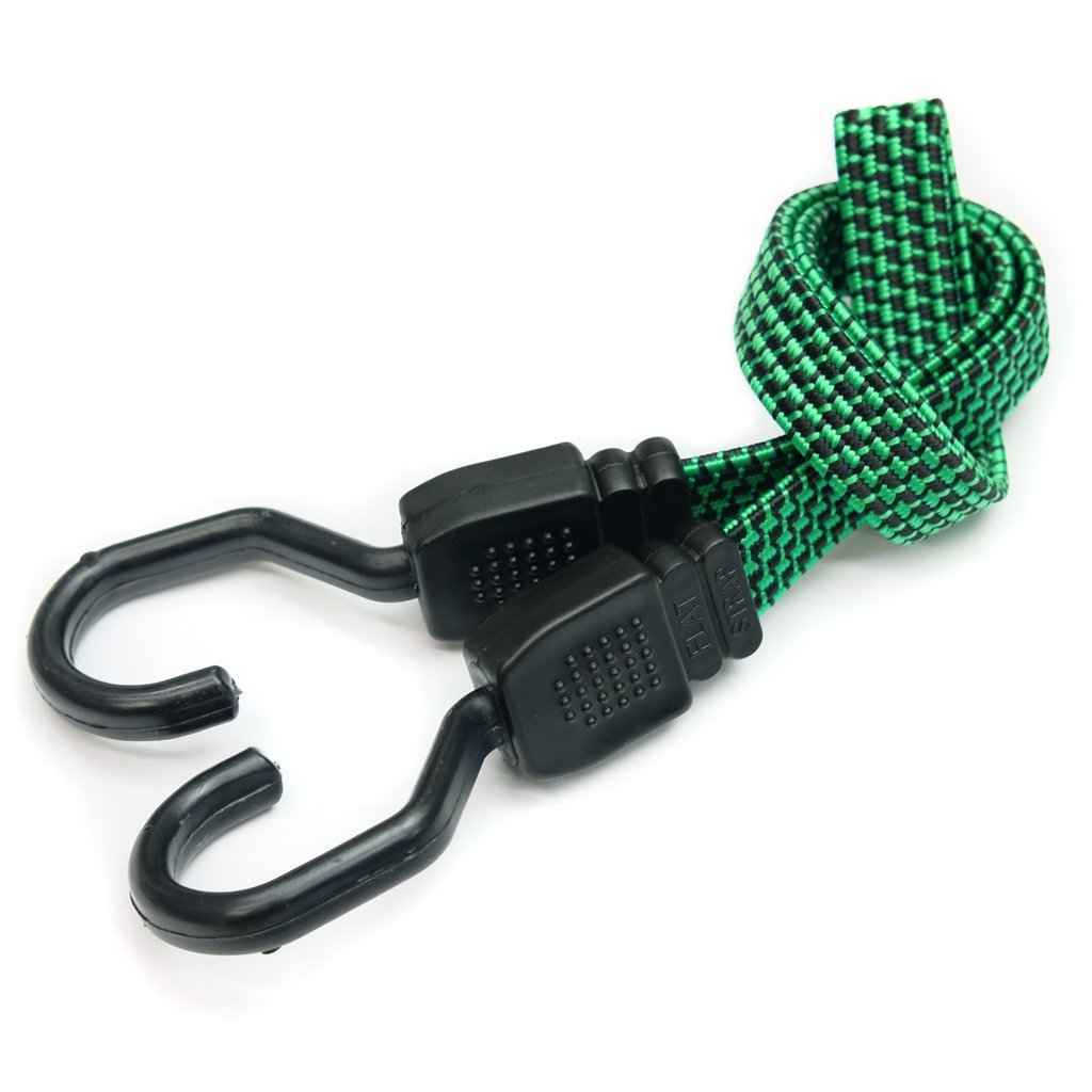 Blue Lug Flat Bungee elastic bicycle cargo strap with steel-structured hooks for securing bags and belongings to bicycle racks and baskets.