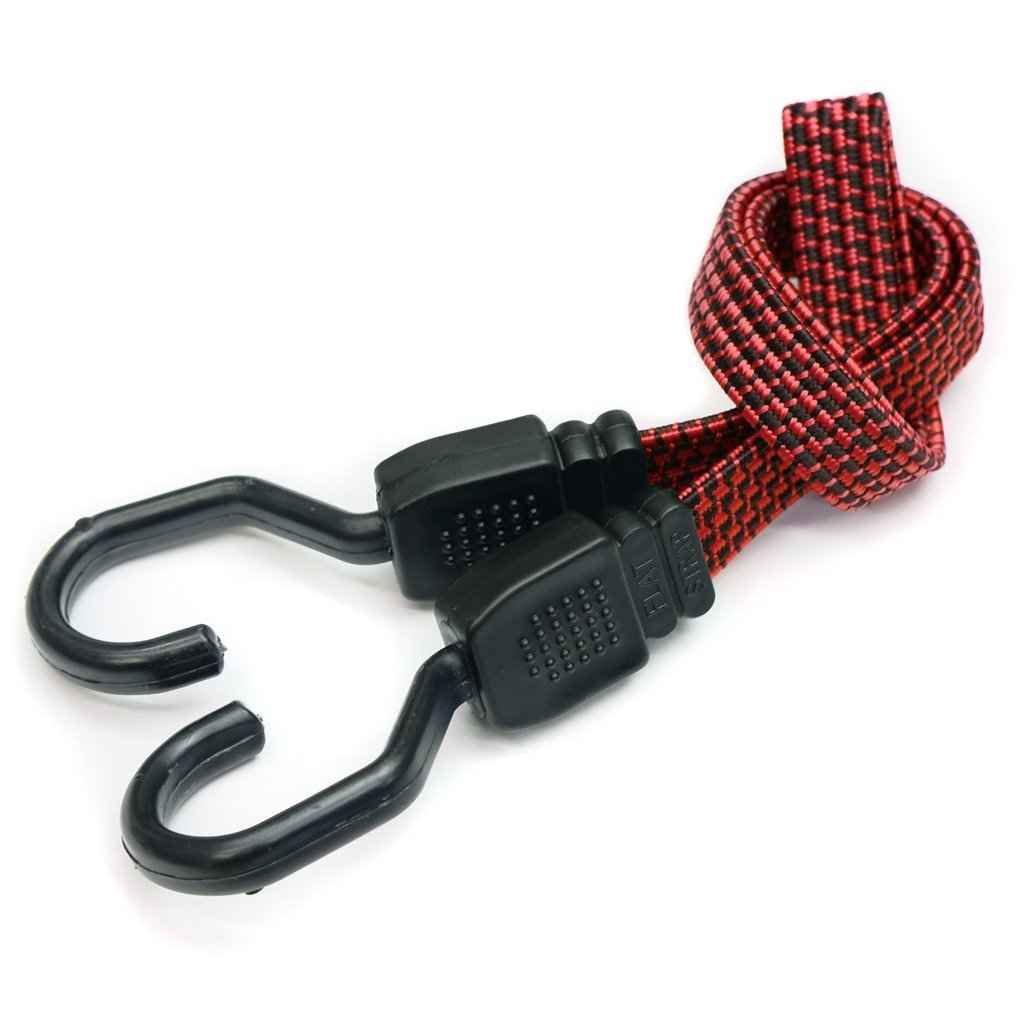 Blue Lug Flat Bungee elastic bicycle cargo strap with steel-structured hooks for securing bags and belongings to bicycle racks and baskets.