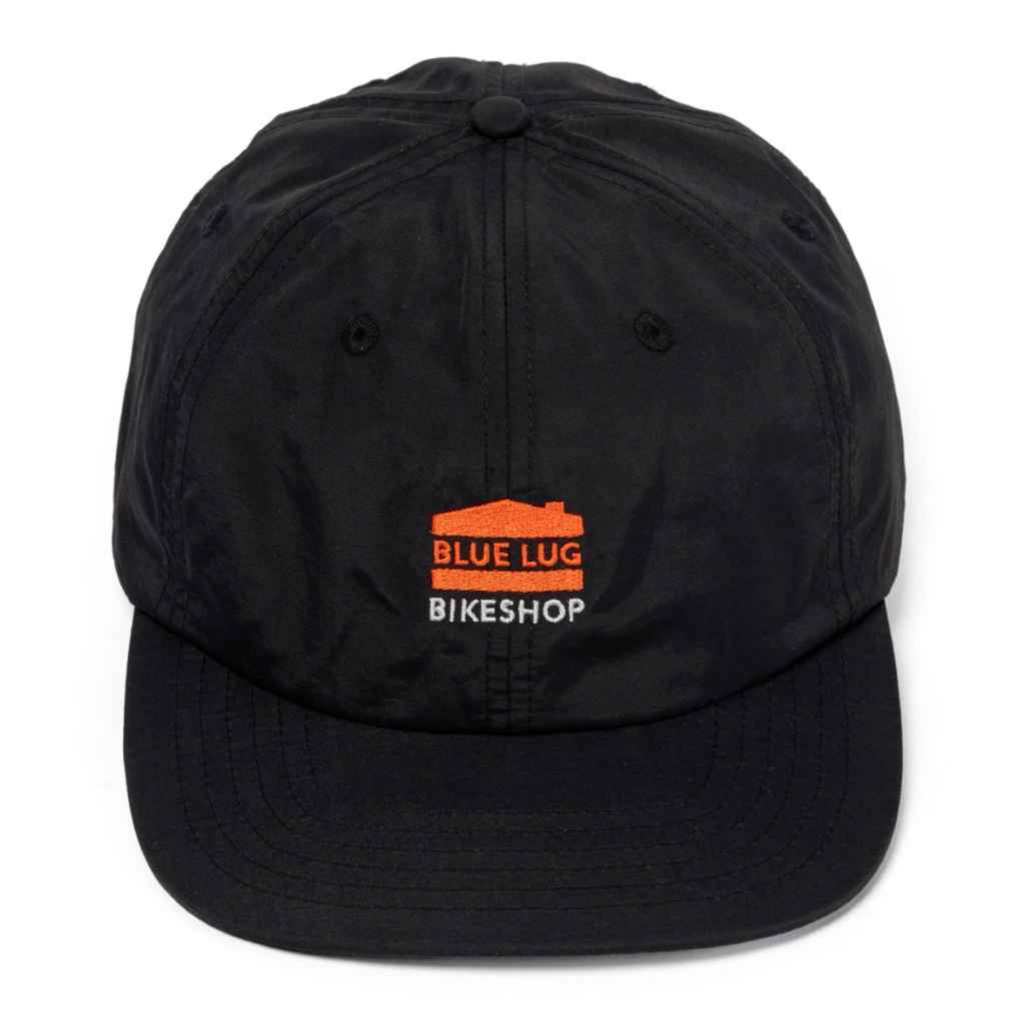 Blue Lug House Logo Cap lightweight nylon six-panel cycling cap front profile in black on white background