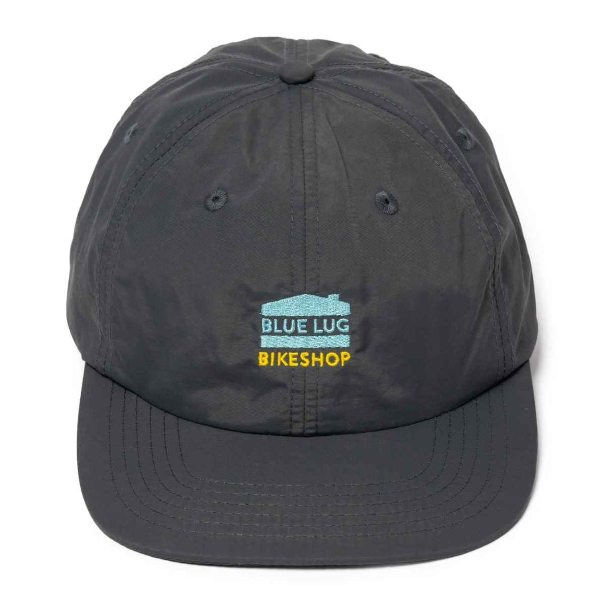 Blue Lug House Logo Cap lightweight nylon six-panel cycling cap front profile in grey on white background