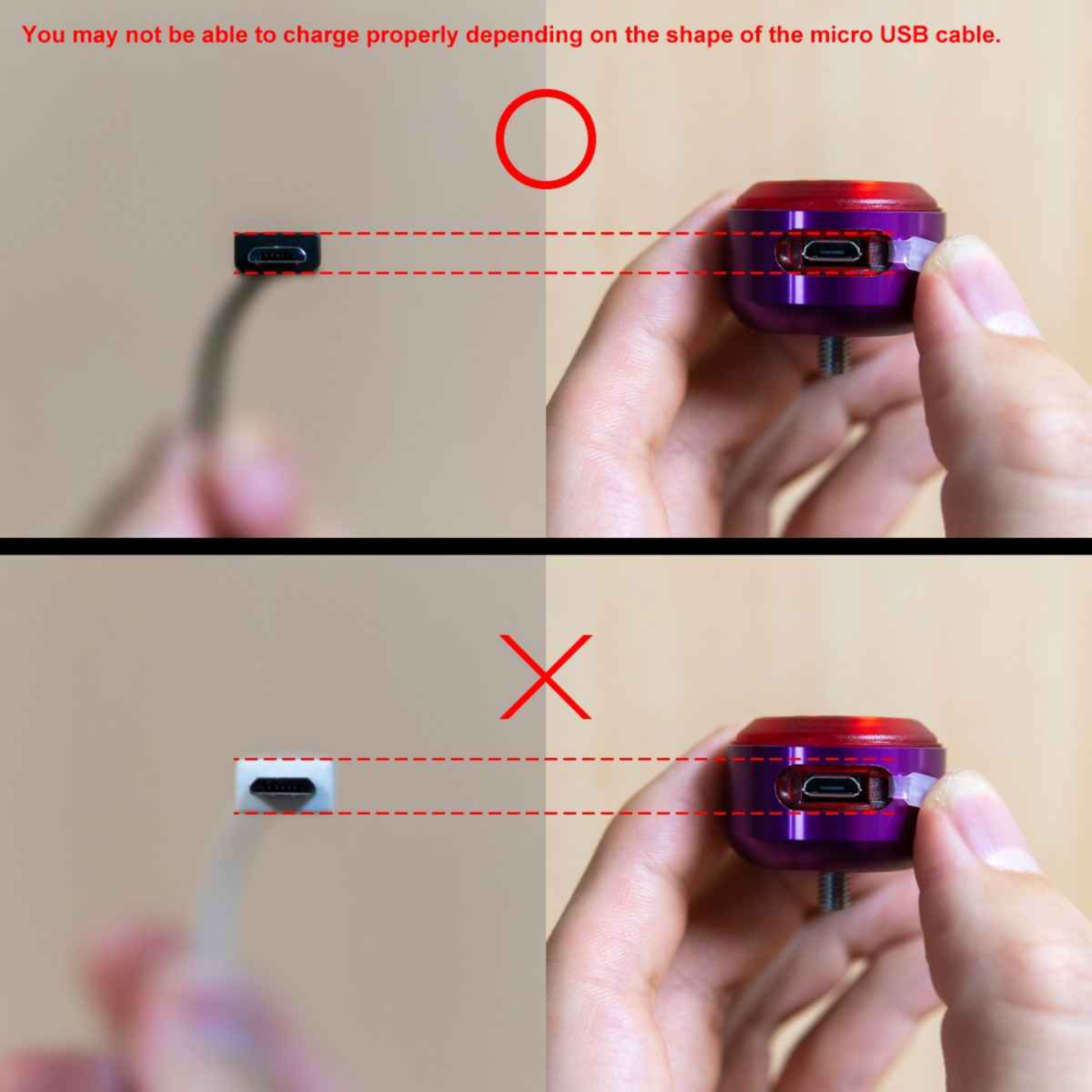 Instructional comparison showing a USB-C cable connector in two orientations, with a hand holding a small metallic purple device and red text explaining proper charging alignment. The top panel has a red circle marking the correct orientation, and the bottom panel has a red X marking the incorrect orientation.