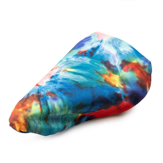 Blue Lug Saddle Cover in Tiedye designed for protecting bicycle saddles from the elements. Waterproof, packable and easy to stow.