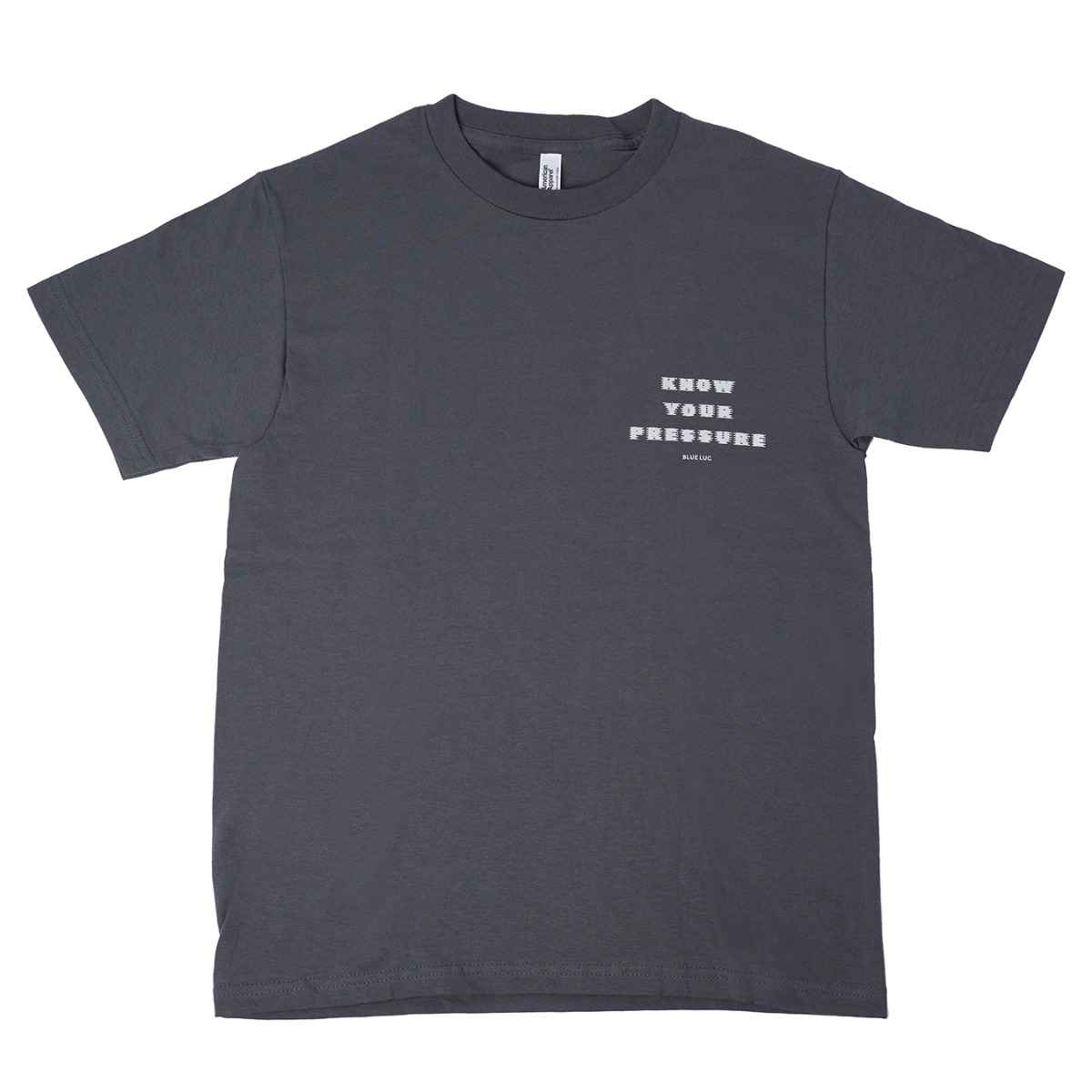Front side of Blue Lug Tire Air T-Shirt in Charcoal with Know Your Pressure graphic text.  Available in Toronto, Canada.