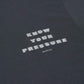 Detail of front side of Blue Lug Tire Air T-Shirt in Charcoal with Know Your Pressure graphic text.  Available in Toronto, Canada.