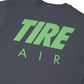 Detail of back side of Blue Lug Tire Air T-Shirt in Charcoal with Tire Air graphic text.  Available in Toronto, Canada.