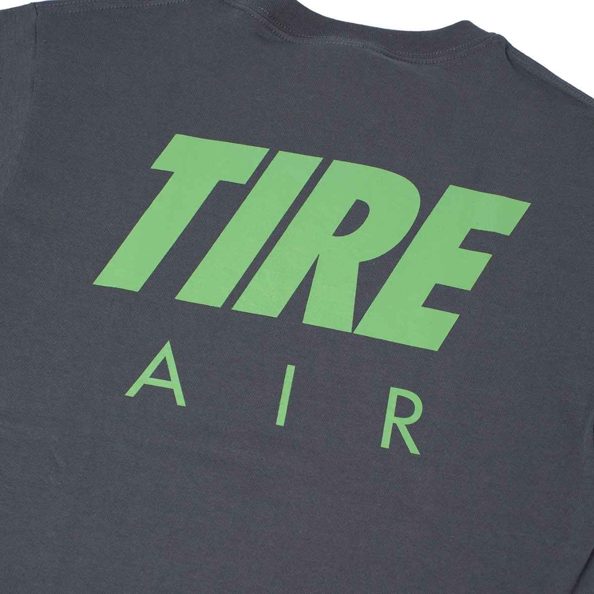 Detail of back side of Blue Lug Tire Air T-Shirt in Charcoal with Tire Air graphic text.  Available in Toronto, Canada.