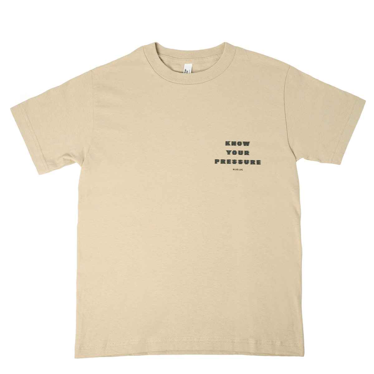Front of Blue Lug Tire Air T-Shirt  with Know Your pressure graphic font and Blue Lug logo. Available in Toronto, Canada.