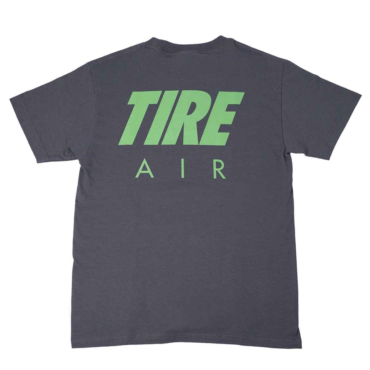 Back side of Blue Lug Tire Air T-Shirt in Charcoal with Tire Air graphic text.  Available in Toronto, Canada.