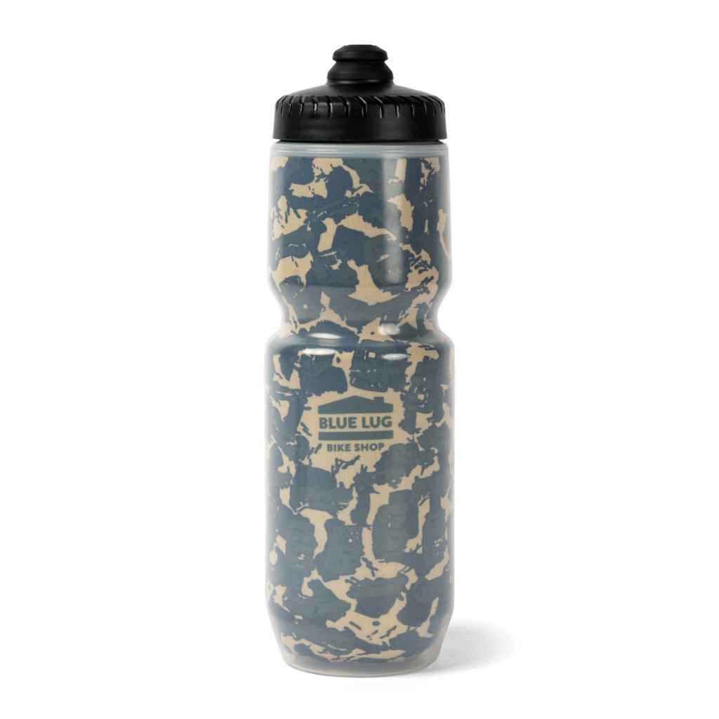 Blue Lug TR Camo 23oz insulated cycling water bottle featuring an original knobby tire tread camouflage print and Specialized Purist construction.