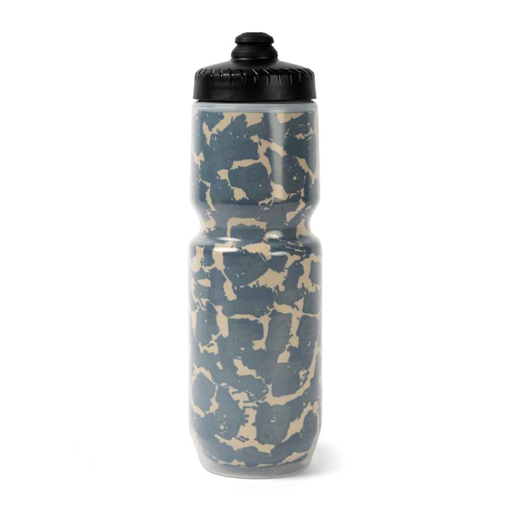 Blue Lug TR Camo 23oz insulated cycling water bottle featuring an original knobby tire tread camouflage print and Specialized Purist construction.
