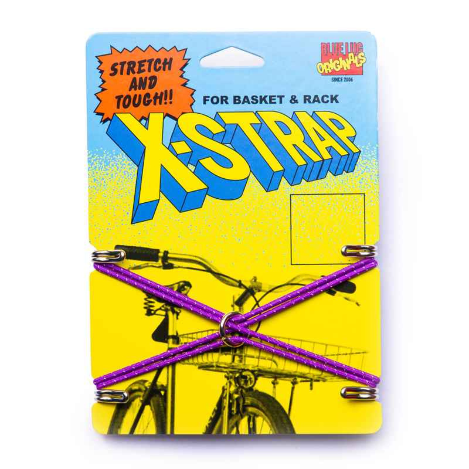 Blue Lug X-Strap elastic cargo strap in purple colour in packaging