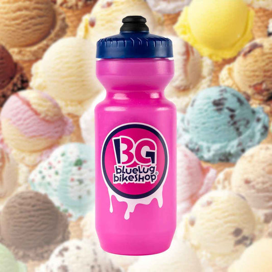 Blue Lug BG Water Bottle with a fun take on your favourite ice cream shop logo in pink. 22oz Specialized Purist bottle.