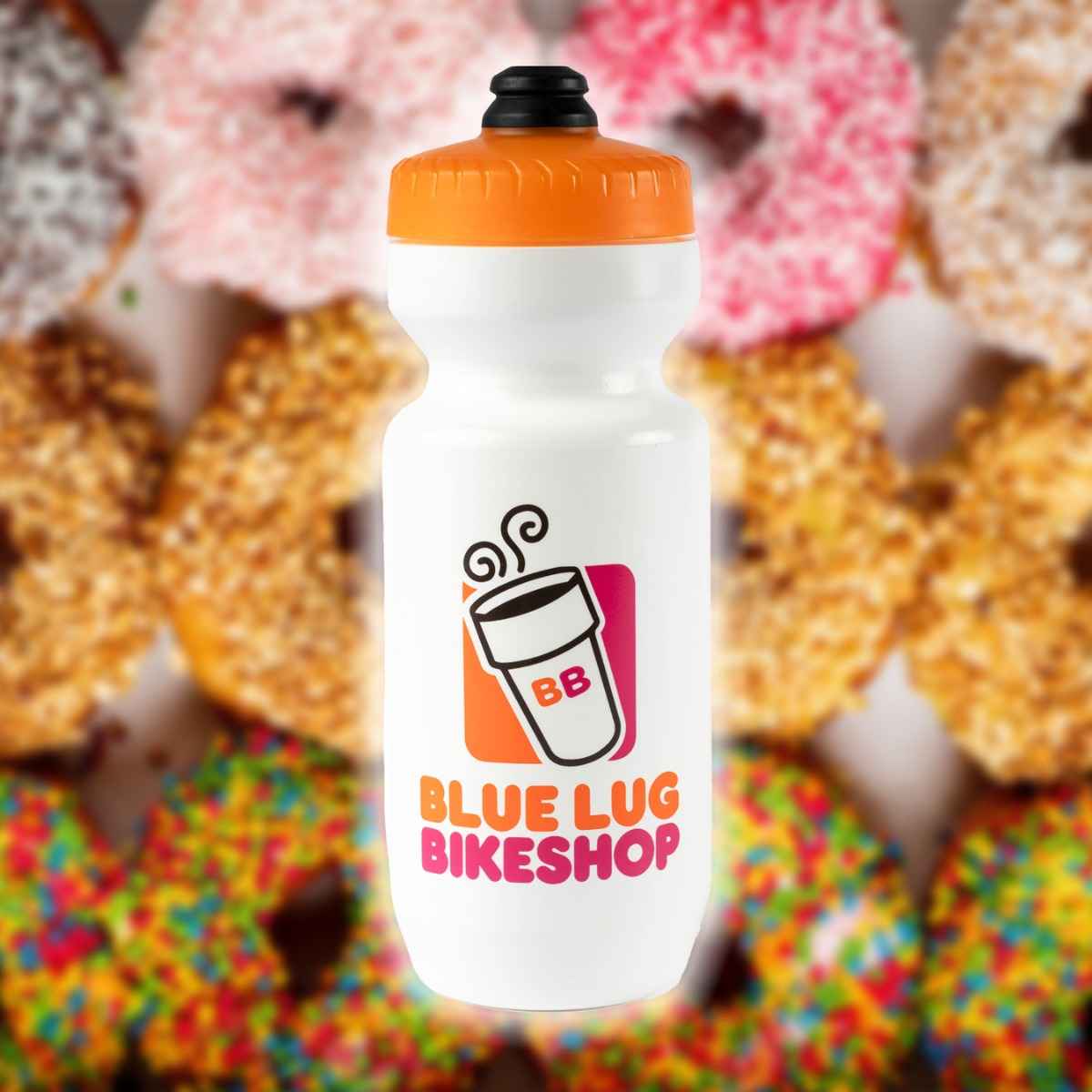 Blue Lug Coffee Water Bottle with coffee shop inspired logo with coffee cup in white. 22oz Specialist Purist bottle.