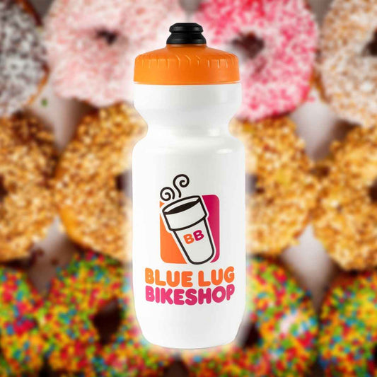 Blue Lug Coffee Water Bottle with coffee shop inspired logo with coffee cup in white. 22oz Specialist Purist bottle.