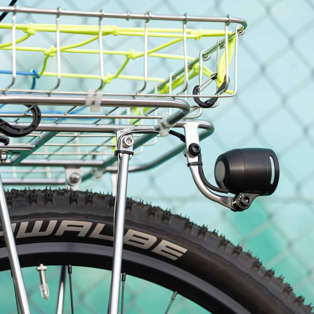 Nitto Lamp Holder 7 mounted to Wald basket, Made in Japan bicycle light mount for mounting dynamo and battery lights to a bike frame