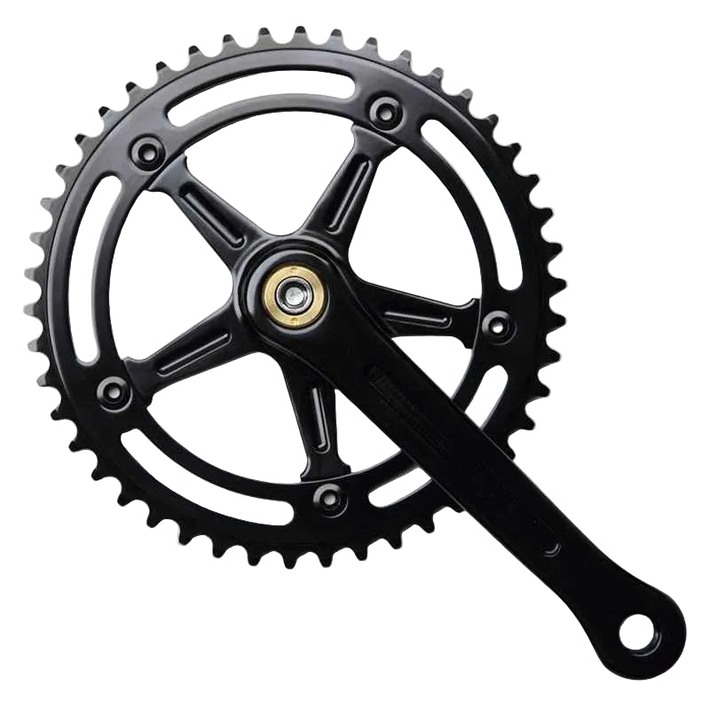 Blue Lug RMC Track Crank Set in all black with slim crank arms and hollow 46T chainring for single-speed track bikes.
