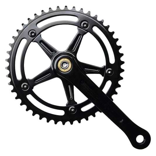 Blue Lug RMC Track Crank Set in all black with slim crank arms and hollow 46T chainring for single-speed track bikes.