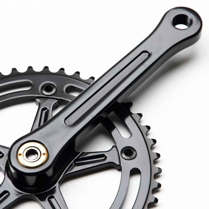 Blue Lug RMC Track Crank Set in all black with slim crank arms and hollow 46T chainring for single-speed track bikes.