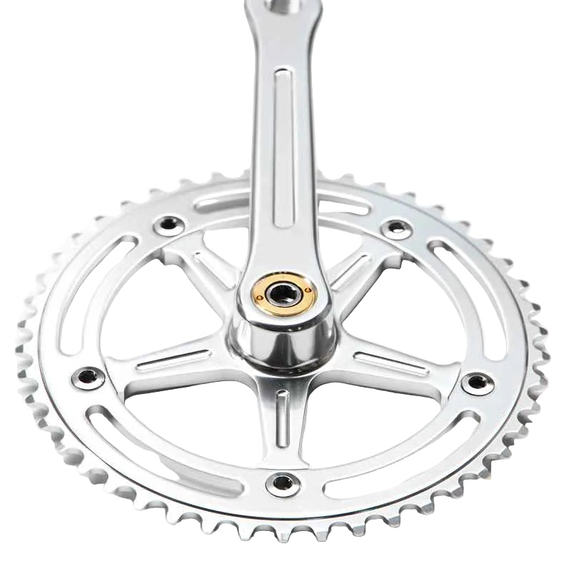 Blue Lug RMC Track Crank Set in all silver with slim crank arms and hollow 46T chainring for single-speed track bikes.