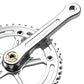 Blue Lug RMC Track Crank Set in all silver with slim crank arms and hollow 46T chainring for single-speed track bikes.