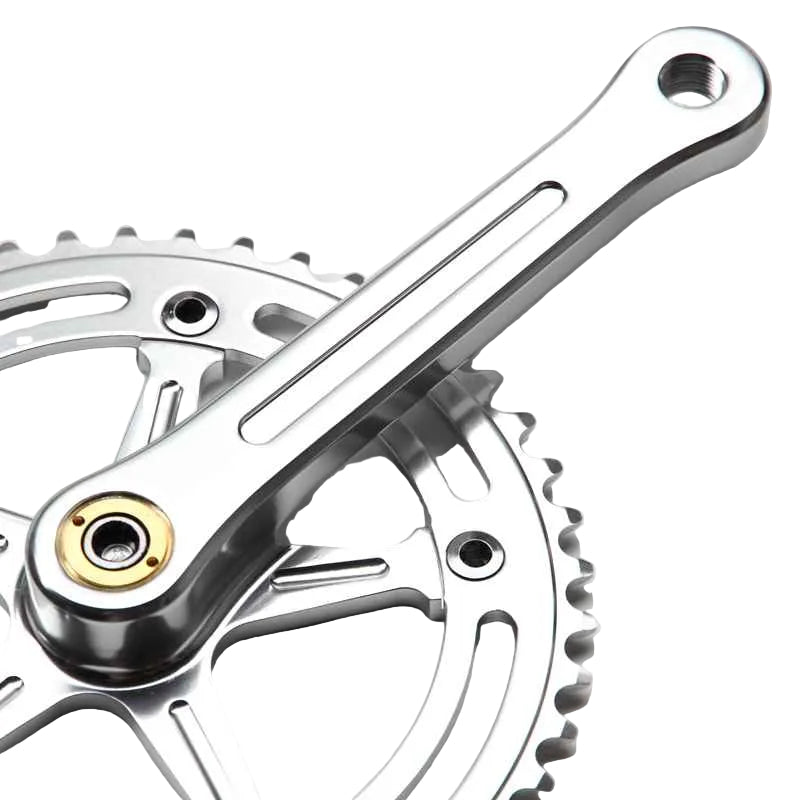 Blue Lug RMC Track Crank Set in all silver with slim crank arms and hollow 46T chainring for single-speed track bikes.