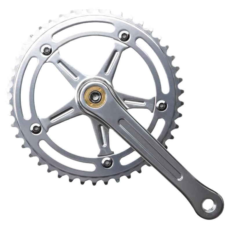 Blue Lug RMC Track Crank Set in all silver with slim crank arms and hollow 46T chainring for single-speed track bikes.