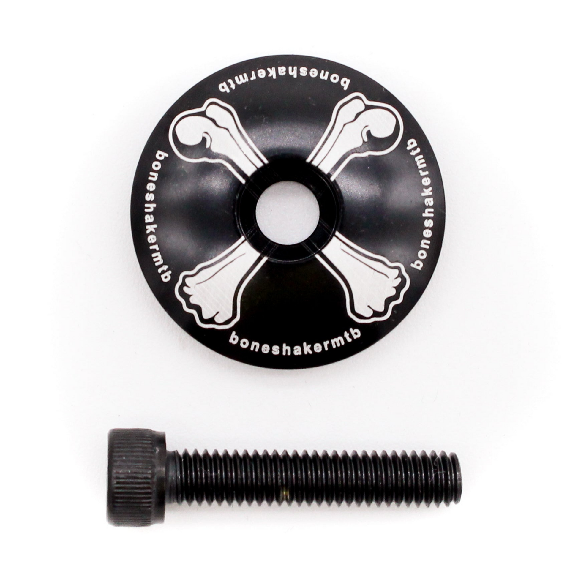 BoneshakerMTB “Crossbones” stem top cap with etched bones logo