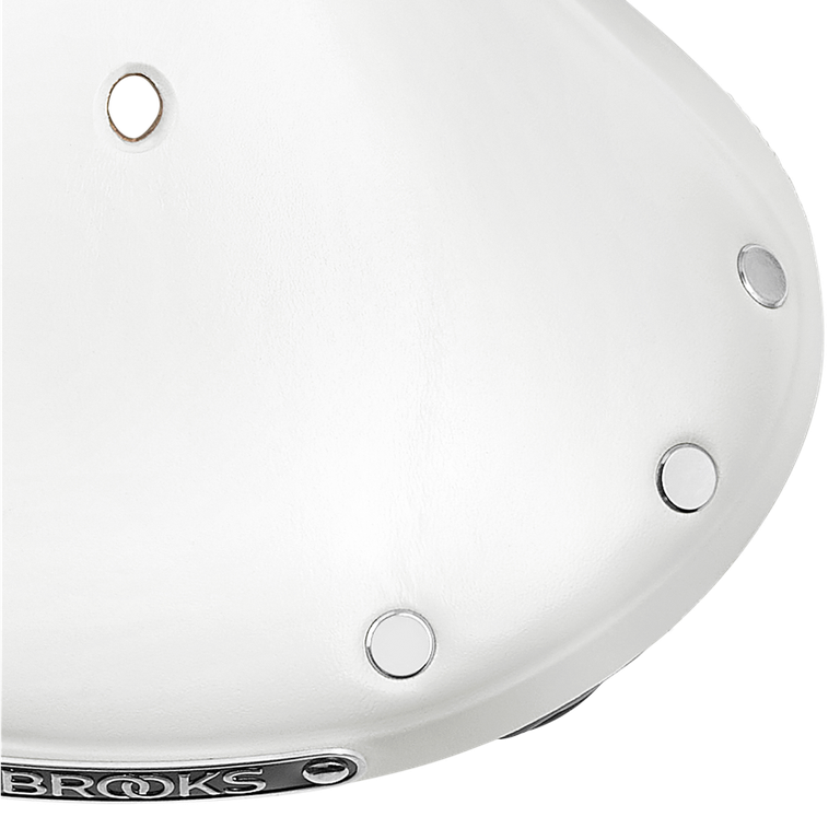 Brooks Flyer LTD white leather saddle back rivets close up view