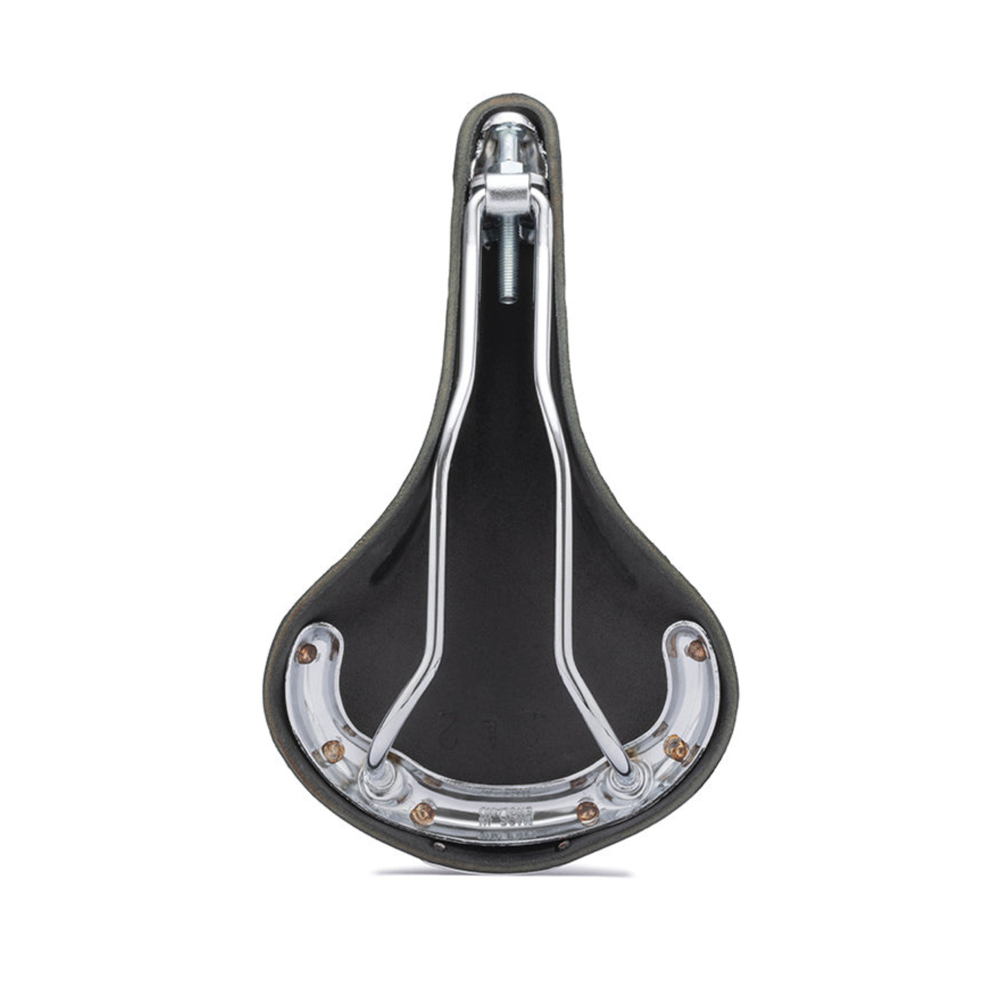 Detailed view of the under side of the Brooks Team Pro Special handcrafted leather bicycle saddle.