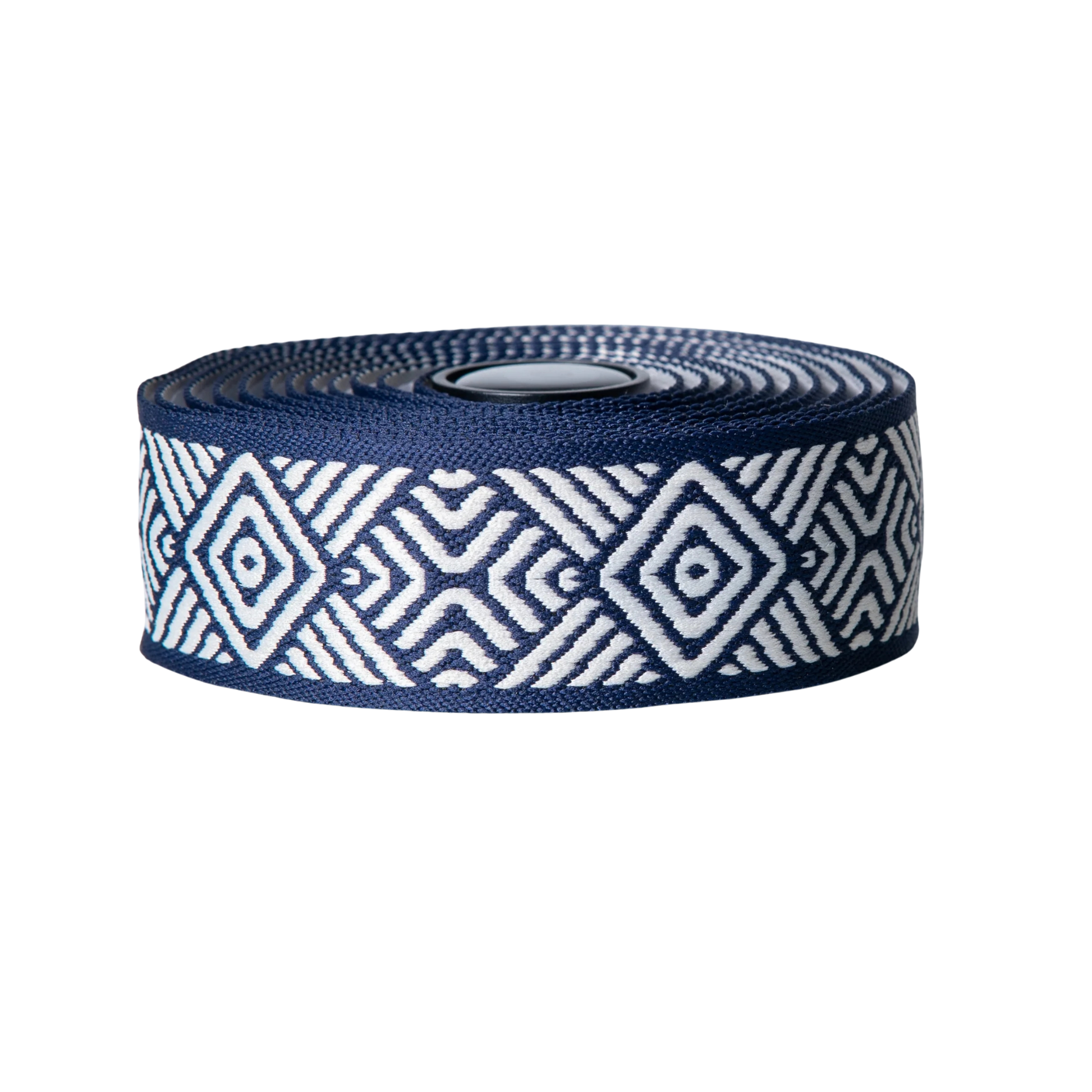 Sim Works BTP woven bar tape in diamond AFFI-Blue pattern, rolled up.