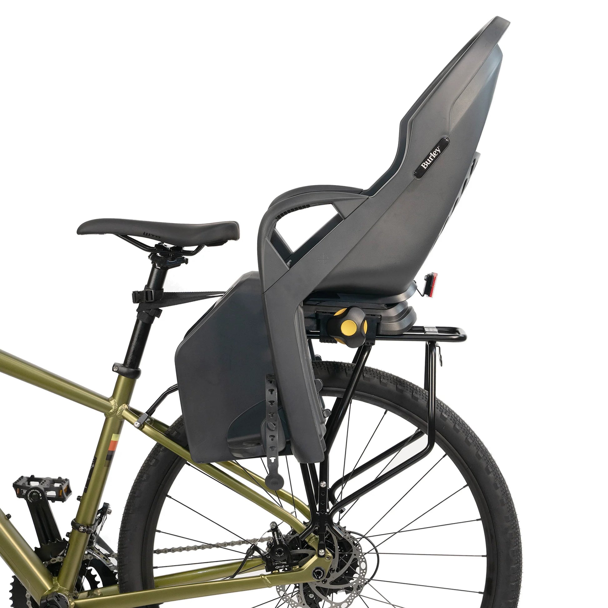 Burley Dash RM child bike seat with rear rack both installed on a bicycle
