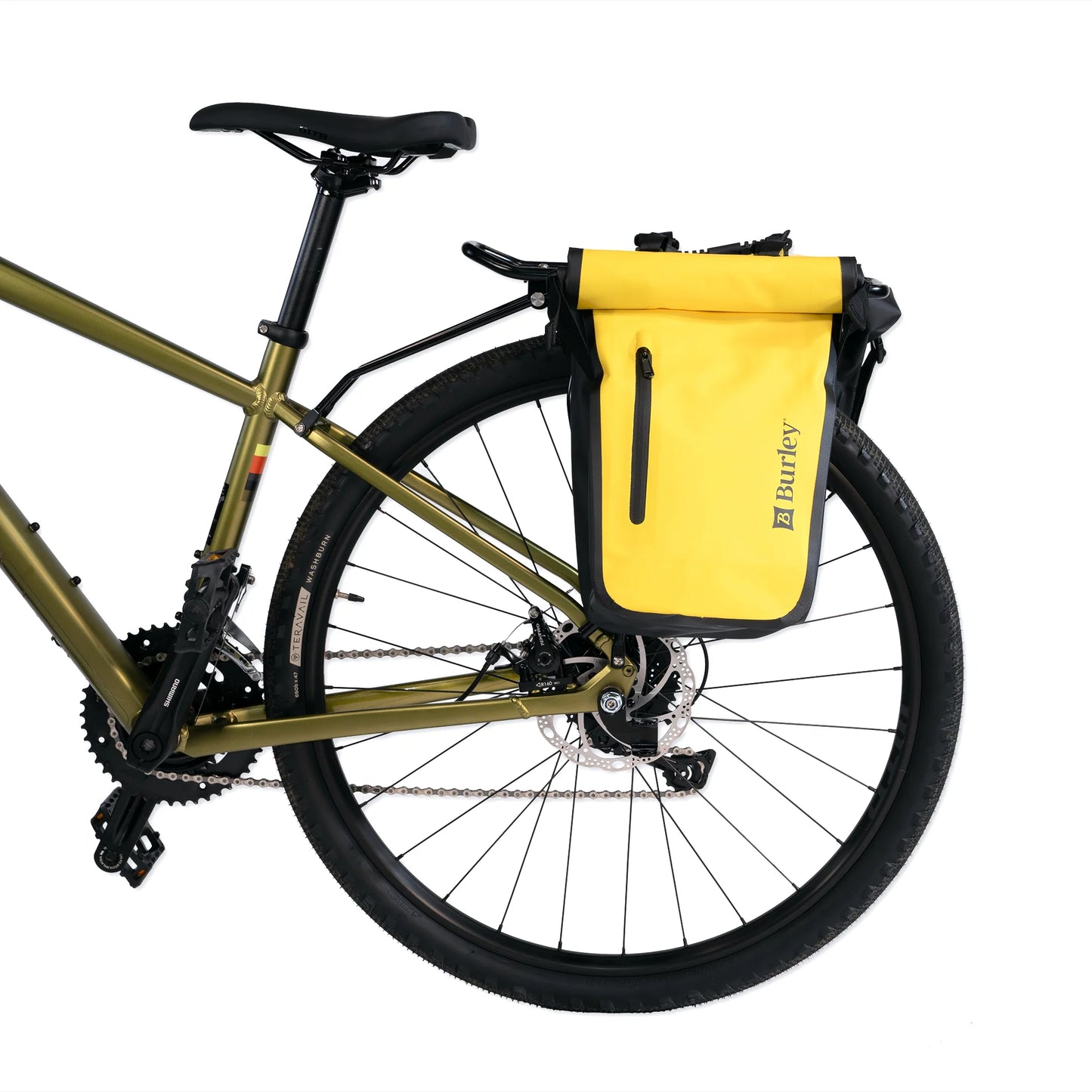 Burley Dash RM with rear rack installed and a pannier attached as alternative 