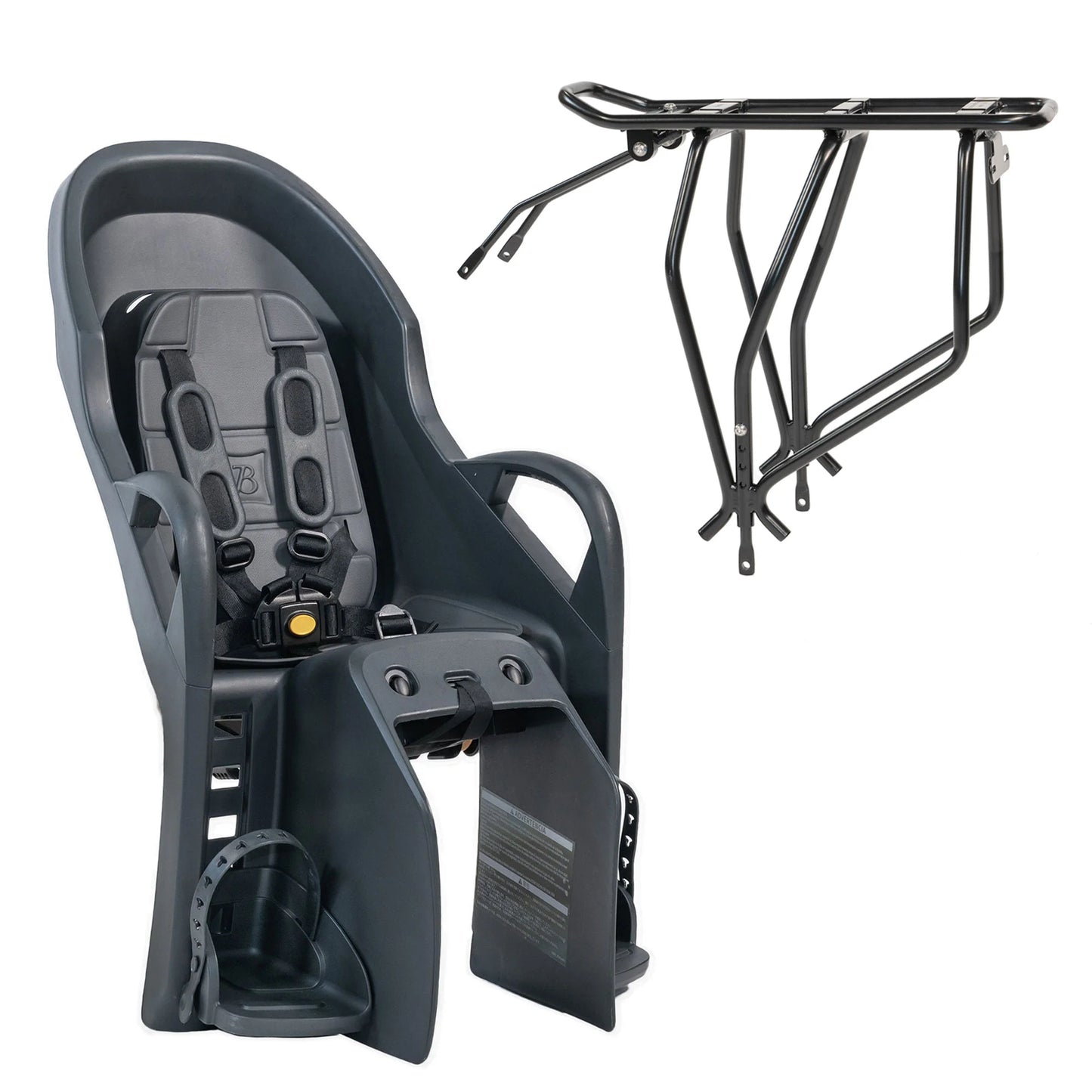 Burley Dash RM child bike seat with rear rack next to each other