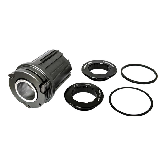 Close-up of Campagnolo freehub body adapter for Wahoo trainer