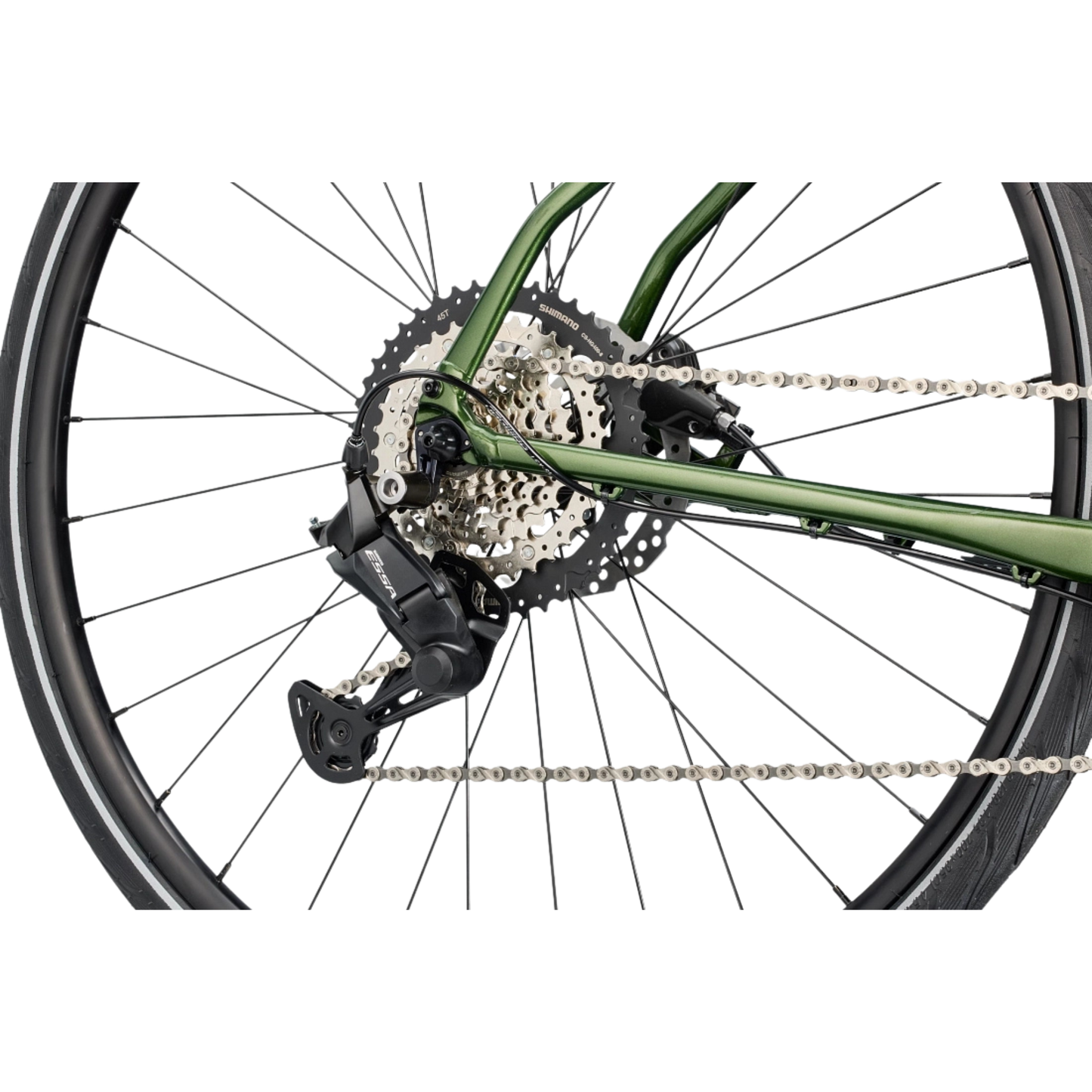 Cannondale Quick 3 Spruce Green hybrid Shimano Essa rear derailleur view