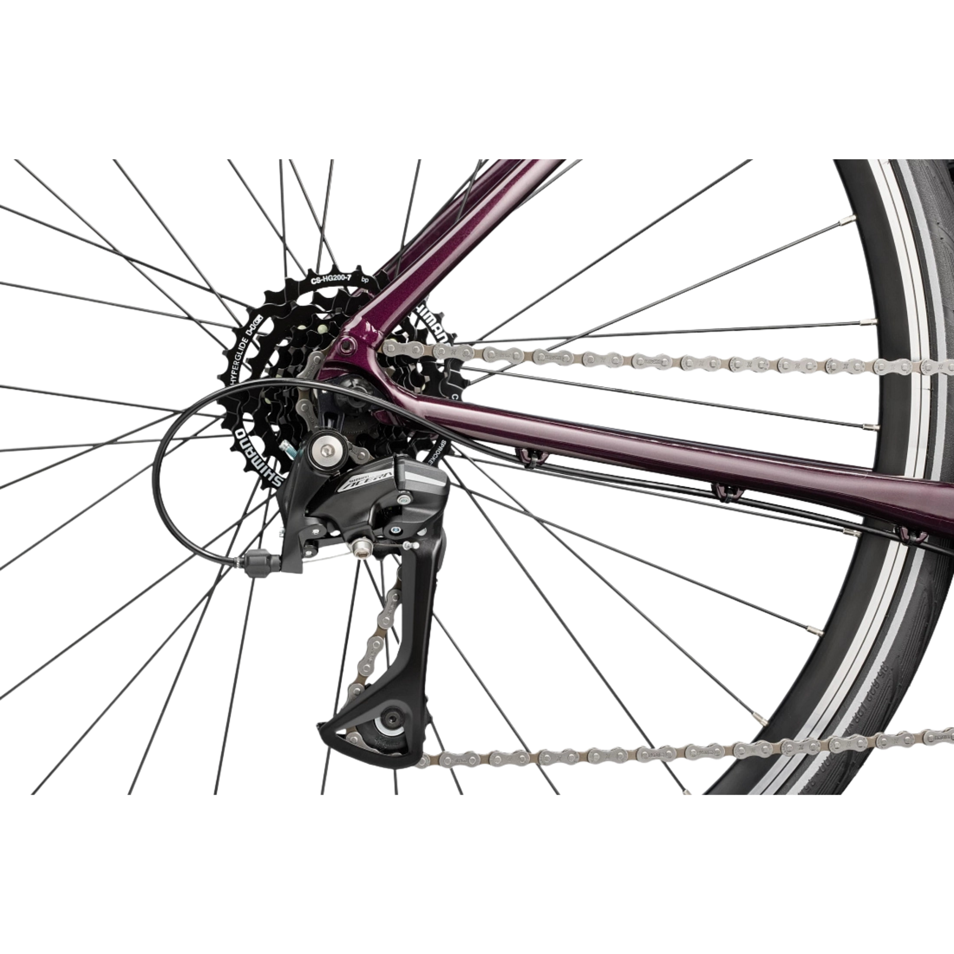 Cannondale Quick 4 StepThru Royal Purple hybrid bike Shimano derailleur view